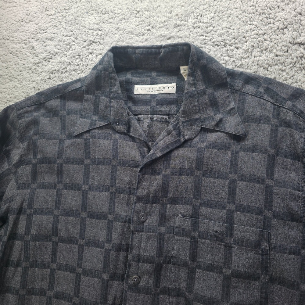 Equilibrio Italy Mens Large Grey Textured Grid Long Sleeve Button Up Shirt